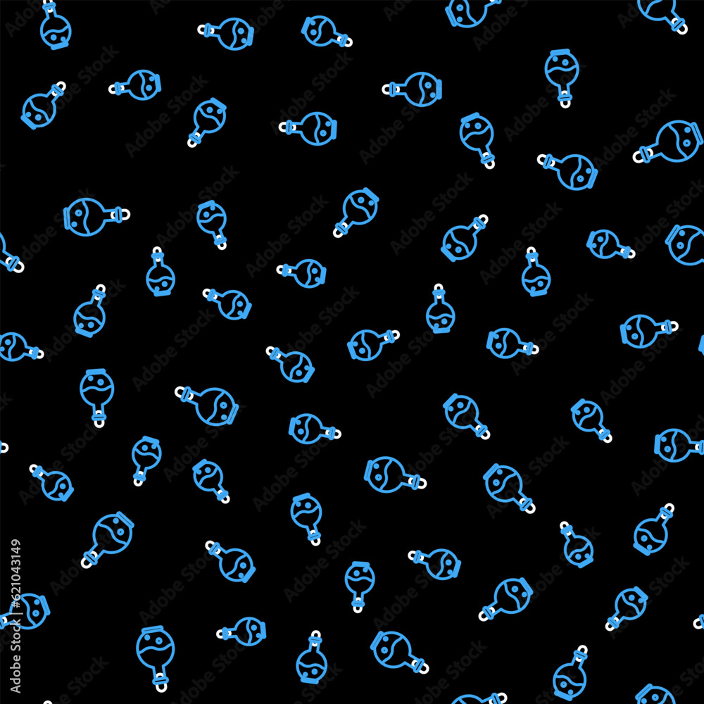 Poster line glass bottle with magic elixir icon isolated seamless pattern on black background. computer gam