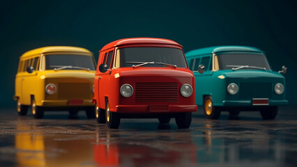 Vintage multi-colored minibuses or minivans. Generative AI