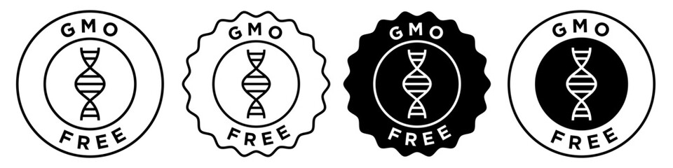 GMO free icon set collection. Non GMOs sign and symbol in badge seal emblem style stamp vector. Black outlined sticker of genetically modified organisms dna.  Organic vegan food product logo label app - obrazy, fototapety, plakaty