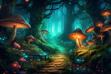 Fototapeta na wymiar the forest is lit up with mushrooms and flowers, in the style of realistic fantasy artwork, fantastical street, dark emerald and light cyan, AI Generative