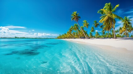 Tropical paradise beach with white sand and crystal clear blue water. Beautiful natural summer vacation holidays background. Travel tourism wide panorama background concept. AI Generative