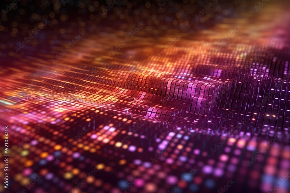 Poster background with a wave of binary data from contemporary technologies. defocused light dots moving in