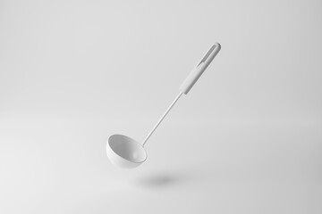 White ladle floating in mid air on white background in monochrome and minimalism. Illustration of the concept of cookery, culinary and kitchenware