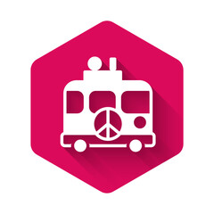 White Hippie camper van icon isolated with long shadow background. Travel by vintage bus. Tourism, summer holiday. Pink hexagon button. Vector