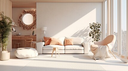 a sofa and accent walls are present in a white space. Scandinavian-inspired interior design. made using generative AI tools
