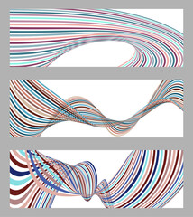Obraz premium Wavy lines or ribbons. Set of 3 backgrounds. Multicolored striped gradient. Creative unusual background with abstract gradient wave lines to create a trendy banner, poster. vector eps