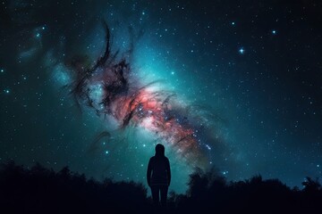 Obraz premium person, gazing up at mesmerizing nebula heart, with stars in the background, created with generative ai