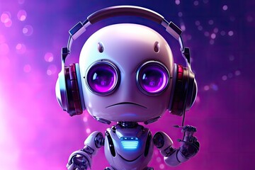 Robot in a cartoon with a purple backdrop who is focused on his music and wearing headphones. Concept of technology