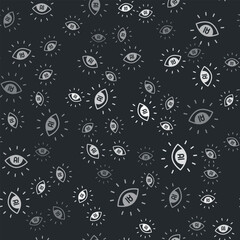 Grey Artificial intelligence AI icon isolated seamless pattern on black background. Machine learning, cloud computing, automated support assistance and networks. Vector