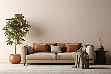 Mockup of a blank wall in a cozy, minimalist living area with a sofa and a coffee table decorated