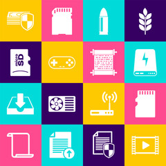 Set Play Video, Micro SD memory card, Power bank, Bullet, Gamepad and icon. Vector