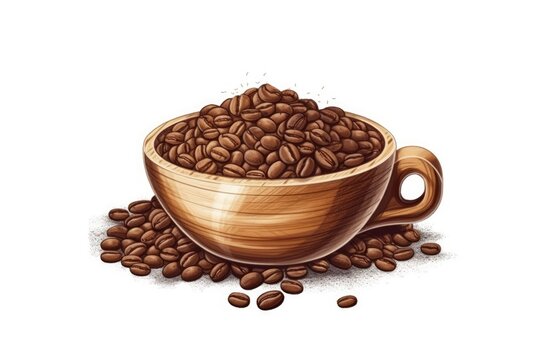 Isolated on a white backdrop, ground coffee and roasted coffee beans in a wooden bowl. image of an icon