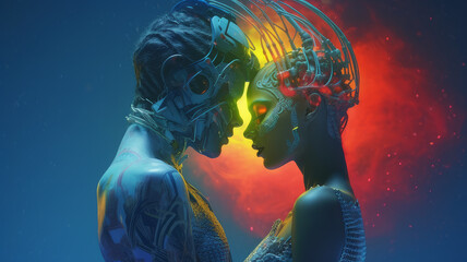 cyborg skeleton hugs a girl.