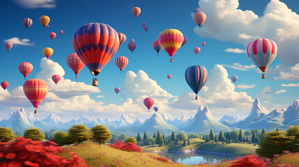 Fototapeta premium Whimsical hot air balloons floating in a clear blue sky, Digital background Generative AI