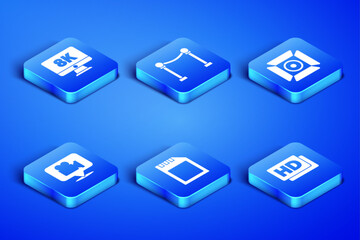 Set Hd movie, tape, frame, Monitor with 8k, SD card, Camera and location, Rope barrier and Movie spotlight icon. Vector