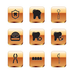 Set Dental protection, pliers, Dentures model, Tooth with caries, floss, inspection mirror, and Broken tooth icon. Vector
