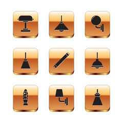 Set Table lamp, Floor, Wall sconce, Fluorescent, Chandelier, Lamp hanging and icon. Vector