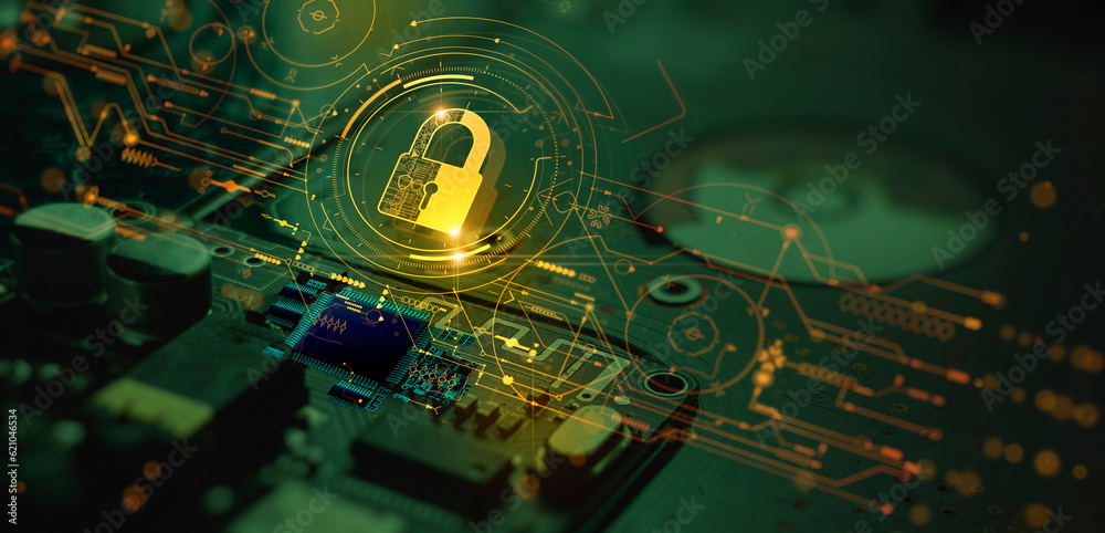 Poster Digital padlock icon, cyber security network and data protection technology on virtual interface screen. Online internet authorized access against cyber attack.and business data privacy concept