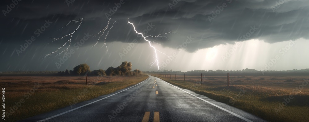 Wall mural storm clouds over the road with lightning,cgi image of lightning striking the middle of an asphalt s