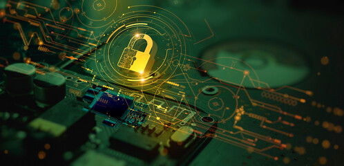 Digital padlock icon, cyber security network and data protection technology on virtual interface...