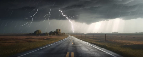 Foto auf Acrylglas storm clouds over the road with lightning,CGI Image of Lightning Striking the Middle of an Asphalt Street Amidst Stormy Weather, Intense and Dynamic Landscape © Ben