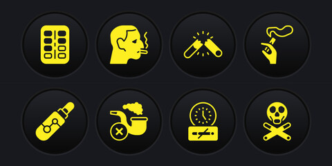 Set Electronic cigarette, Hand with smoking, Smoking pipe smoke, No time, Broken, Man, Bones skull and Nicotine gum blister pack icon. Vector