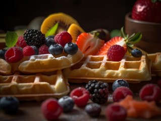 Amazing Crispy Waffles with Fruit Close-Up AI Generated