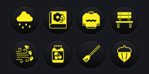 Set Windy weather, Bench, Jam jar, Handle broom, Sweater, Herbarium, Acorn and Cloud with rain icon. Vector