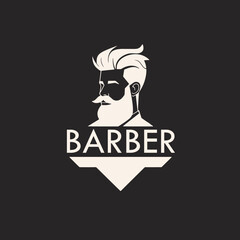 The Barber. Handsome man with beard and mustache. Isolated vintage label badge emblem. Barbershop symbol logo. vintage hipster logo template. Black background 
