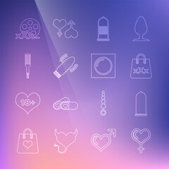 Set line Female gender and heart, Condom safe sex, Shopping bag with triple X, Dildo vibrator for games, Spanking paddle, Film reel Sex and package icon. Vector