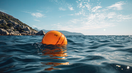 An orange buoy in the water near the greek coastline - obrazy, fototapety, plakaty