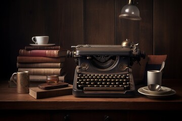 Fototapeta na wymiar vintage typewriter with paper, A Stylish Still Life with Vintage Typewriter, Old Books, and Steaming Coffee on a Cozy Wooden Table, Evoking a Timeless and Nostalgic Atmosphere