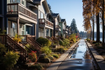 Autumnal Lakeside Townhomes, Sunlit Pathway & Puddles