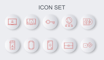 Set line Game dice, Mobile and playing in game, Ancient key for, Chest, Laptop, Video console, Poker table and Playing card with diamonds icon. Vector
