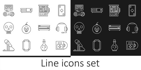 Set line CD or DVD disk in box, Headphones, Slot machine, Bomb ready to explode, Skull, Game console with joystick, Video game and icon. Vector