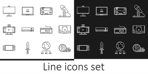 Set line Coin for game, Video console, Mobile and playing, Live streaming online, Computer monitor, keyboard and Laptop icon. Vector