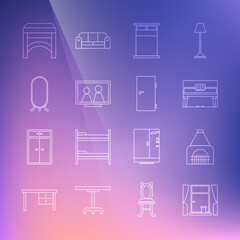 Set line Window with curtains, Interior fireplace, Grand piano, Big bed, Picture frame on table, full length mirror, Chair and Closed door icon. Vector