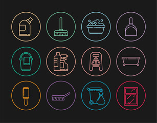 Set line Cleaning service for windows, Bathtub, Plastic basin with soap suds, Bottles cleaning agent, Bucket rag, Wet floor and progress and Handle broom icon. Vector