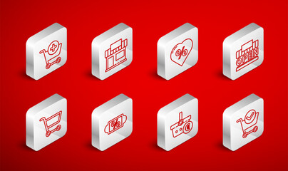 Set line Shopping cart with check mark, building or market store, Discount percent tag heart, and open, basket euro, Add, and icon. Vector