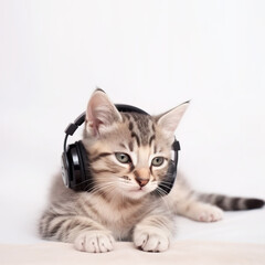 Cat with headphones listening music on isolated white background