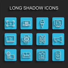 Set line Cinema camera, chair, Online play video, Hollywood walk of fame star, ticket, Movie spotlight, Megaphone and icon. Vector