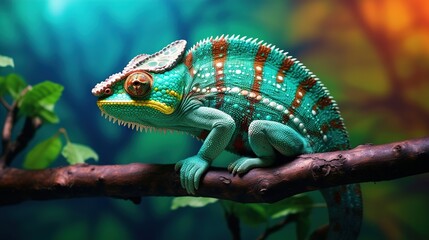 Multi-colored bright chameleon on a branch. AI generation