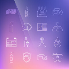 Set line FTP settings folder, Water drop percentage, Hierarchy organogram chart, Bottles of wine box, Car service, Paper money dollars cash and Music book with note icon. Vector
