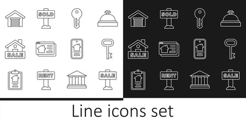 Set line Hanging sign with Sale, House key, Online real estate house, Garage, and text Sold icon. Vector