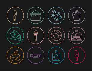Set line Ice cream, Brick stove, Coffee beans, Honey dipper stick, Piece cake, Knife, Donut and Bag flour icon. Vector