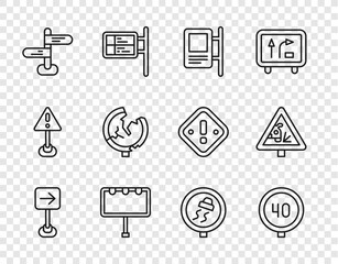 Set line Traffic sign turn right, Speed limit traffic, Road, Billboard with lights, Slippery road and Warning icon. Vector