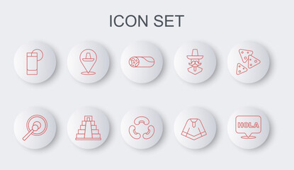 Set line Hola, Gong, Burrito, Poncho, Tequila glass with lemon, Mexican sombrero, Chichen Itza in Mayan and Beans icon. Vector © vector_v