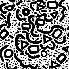 Geometric vector seamless pattern  shapes, curved lines and dots  in style Memphis . Grunge swirled brush stroke, curly and straight lines. Hand drawn geometric pattern. Straight brush strokes, triang