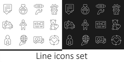 Set line Volunteer, Donate child toys, Medical protective mask, Ambulance car, Envelope with heart, Bank check and Heart animals footprint icon. Vector