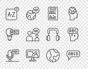 Set line Microphone voice device, Alphabet, Exam sheet, Foreign language online study, Online translator, Two sitting men talking, Earth globe and Learning foreign languages icon. Vector